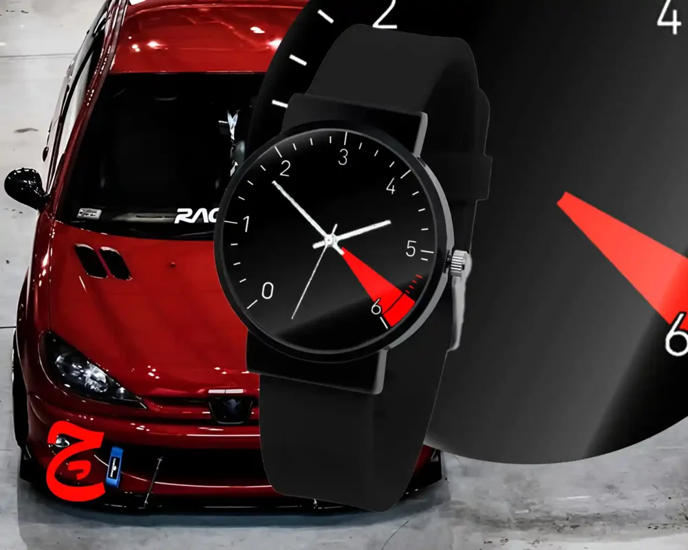 ساعت مچی اسپرت با طرح عقربه کیلومتر پژو 206 مشکی | بند سیلیکون الی استیل درجه یک / مناسب کلیه سنین / قطر ساعت 3.5 الی 4.5 سانتی متر / مقاوم دربرابر رطوبت و آب / زمان آماده سازی 10 روز کاری