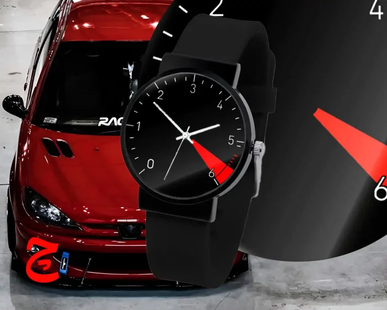 ساعت مچی اسپرت با طرح عقربه کیلومتر پژو 206 مشکی | بند سیلیکون الی استیل درجه یک / مناسب کلیه سنین / قطر ساعت 3.5 الی 4.5 سانتی متر / مقاوم دربرابر رطوبت و آب / زمان آماده سازی 10 روز کاری