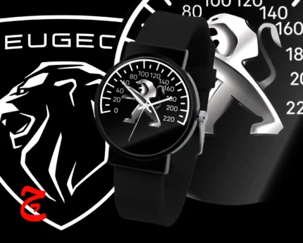 ساعت مچی اسپرت با طرح عقربه کیلومتر لوگوی پژو | بند سیلیکون الی استیل درجه یک / مناسب کلیه سنین / قطر ساعت 3.5 الی 4.5 سانتی متر / مقاوم دربرابر رطوبت و آب / زمان آماده سازی 10 روز کاری